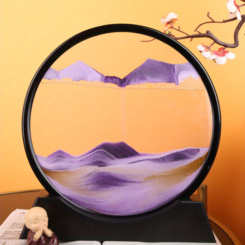 LED Moving Sand Art Picture,Moving Sand Art Pictures Round Glass LED Desk  Deep Sea Sandscape in Motion Display Flowing Sand Frame for Home Ornament