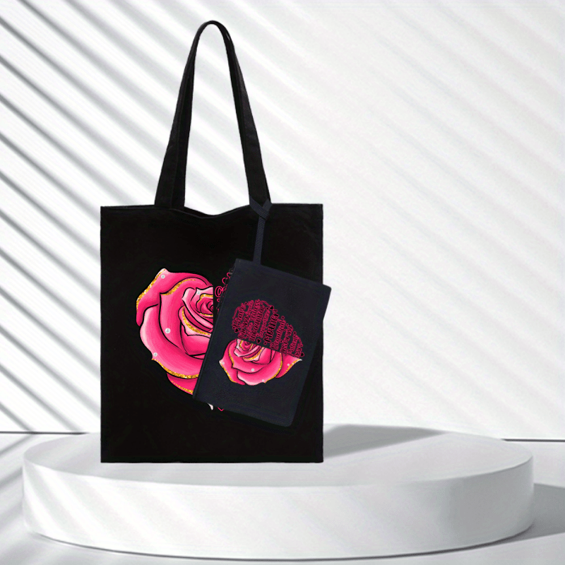 2Pcs Canvas Tote Bag for Women Aesthetic Tote Bag Reusable Flower Tote Bag  with Handles for Shopping School Supplies