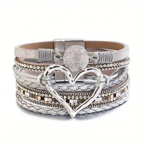 bohemian multi layer faux leather bracelet hand woven bracelet golden big heart ladies fashion bracelet