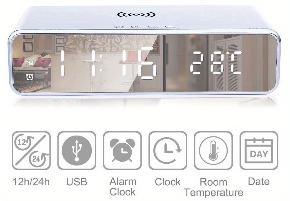 Reloj despertador digital inteligente LED con cargador inalámbrico,  termómetro y tiempo, certificado Qi para dormitorio, reuniones, viajes,  tareas y