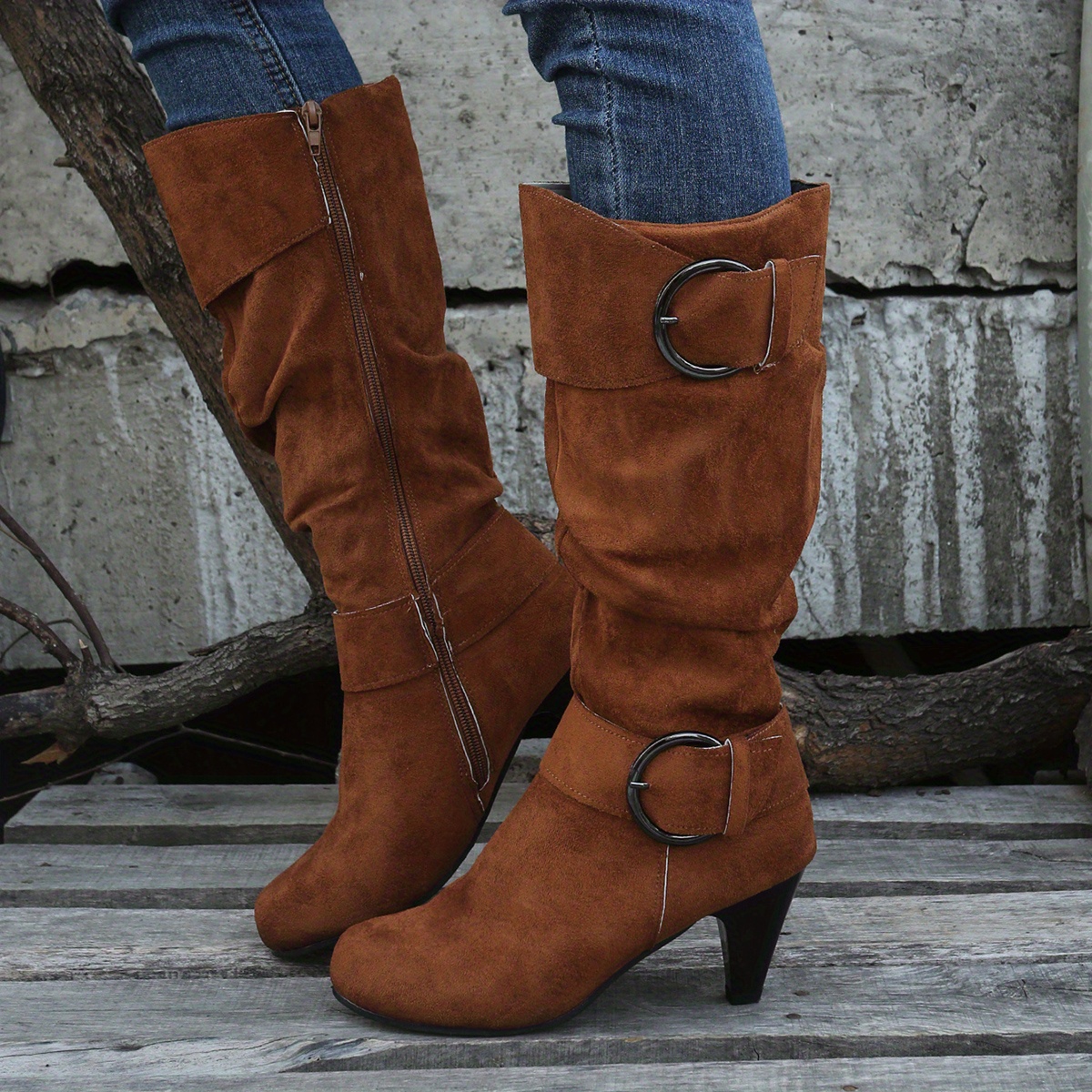 Brown Zippered Knee High Boots