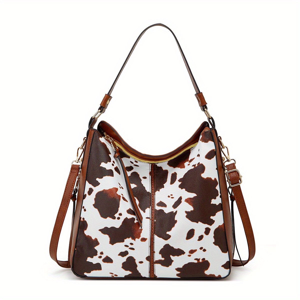 Retro Style Cow Print Tote Bag, Tassel Zipper Shoulder Bag