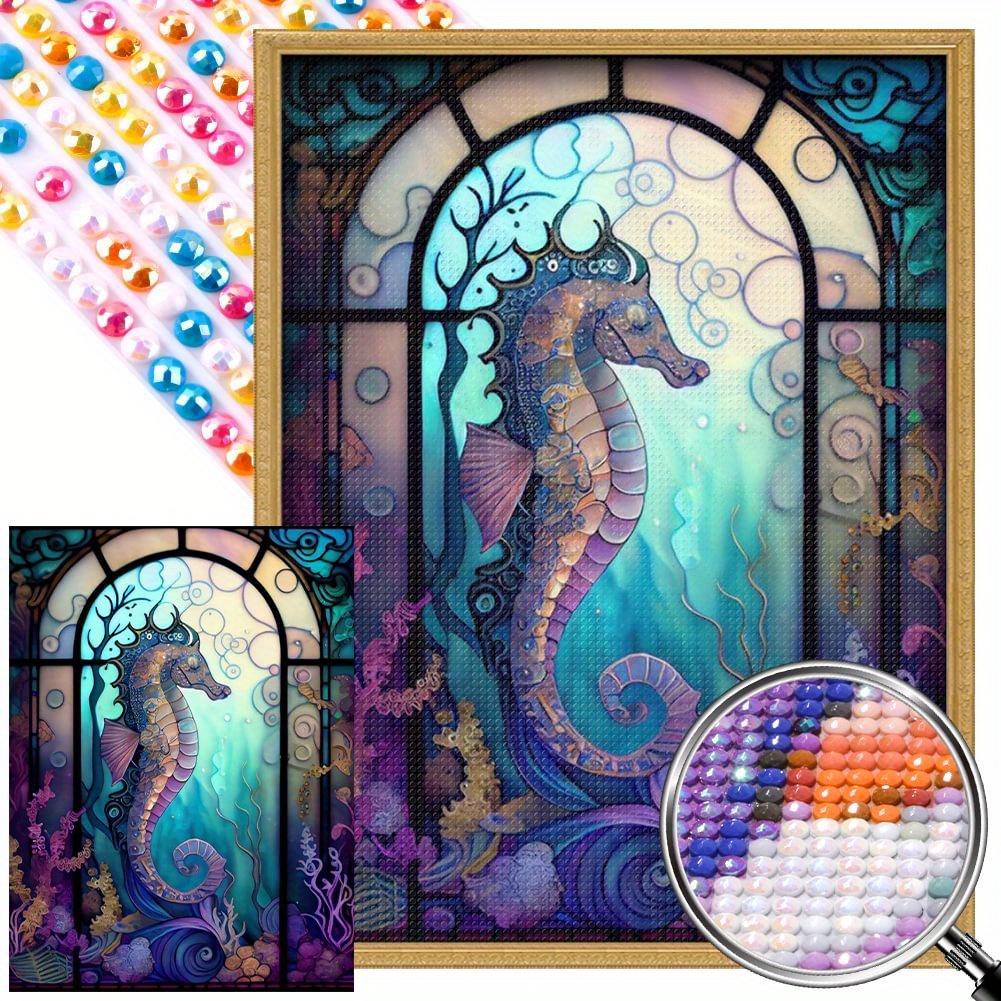 1pc Stained Glass Seahorse Picture 5d Diy Diamond Painting Full Circle  Cross Stitch Kit Rhinestone Decoration