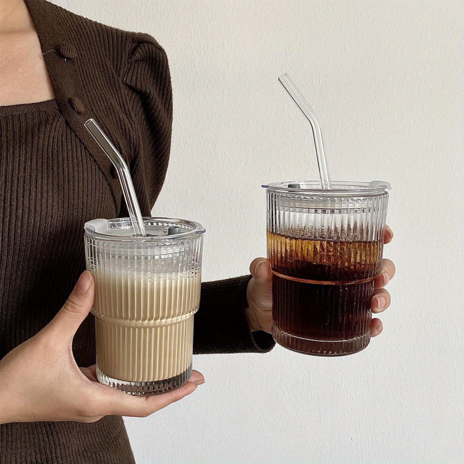 Ribbed Glass Coffee Cup With Straw Perfect For Iced Coffee - Temu