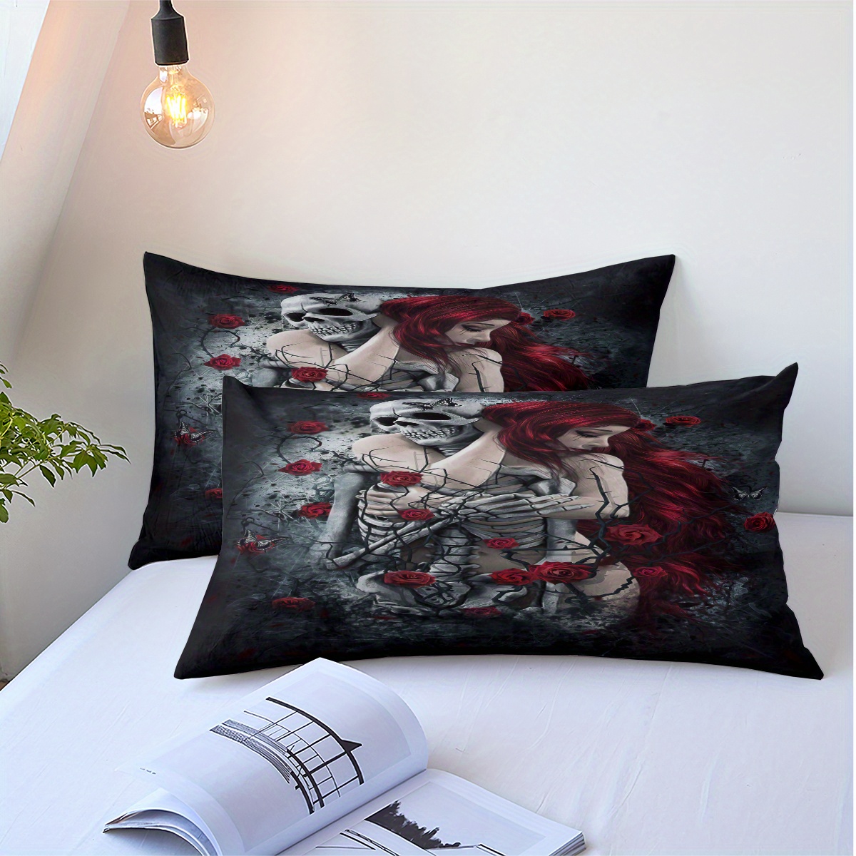 Suonity Victorian Goth Gothic Skull Damask Linen Throw Pillowcases, Pack of  2, Sofa Bedding Decorative Throw Pillows.