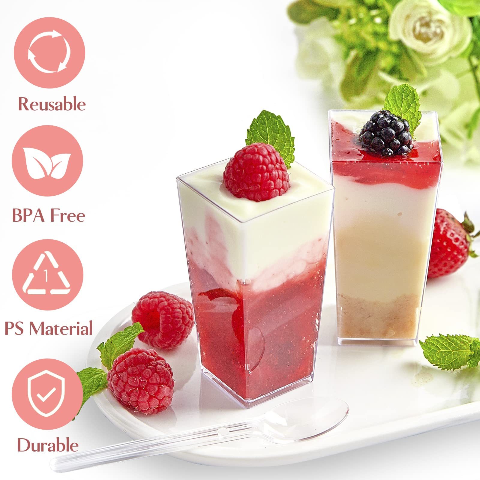 JuneHeart 60 Pcs Disposable Square Dessert Cups with Lids,8 oz Plastic  Fruit Cups with Lid Parfait Cups for Party,Wedding,Mousse and Banana  Pudding.