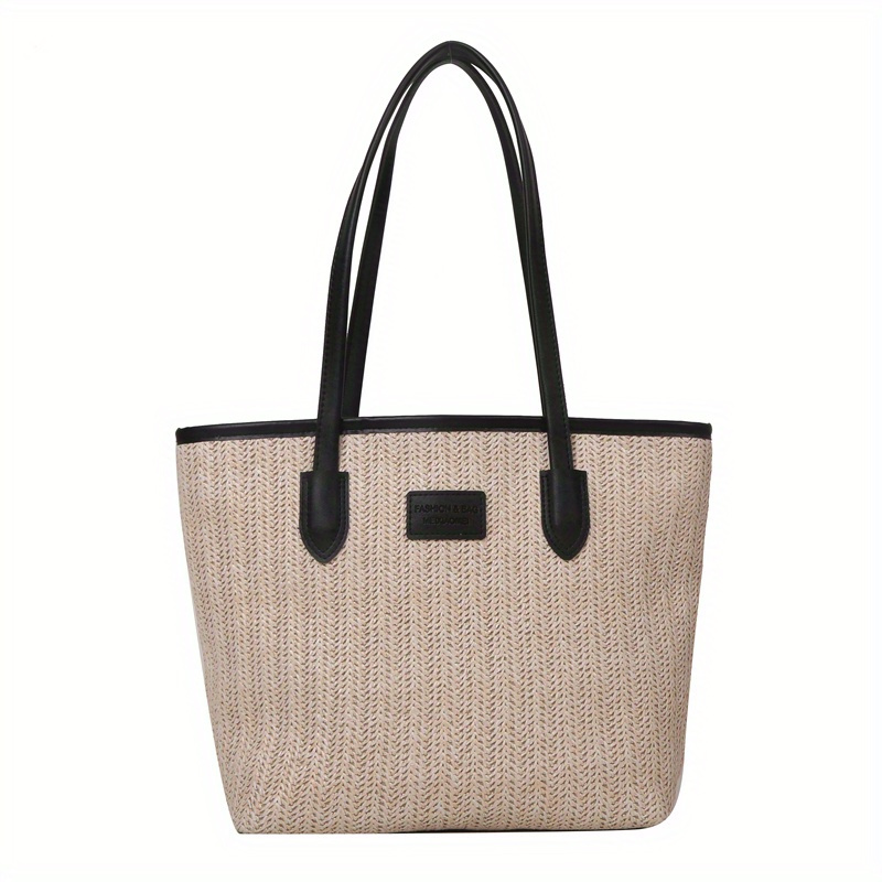 Standard A4 leather-trimmed embroidered raffia tote