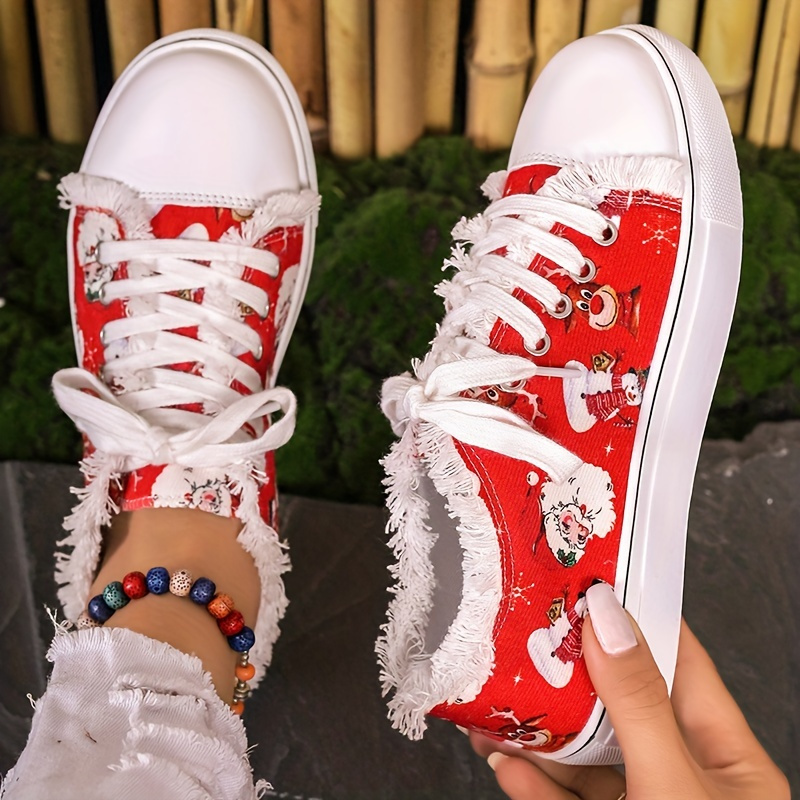 Women's Santas Claus Print Shoes, Lace Up Low-top Round Toe Flat Non-slip Canvas Shoes, Comfy Christmas Shoes