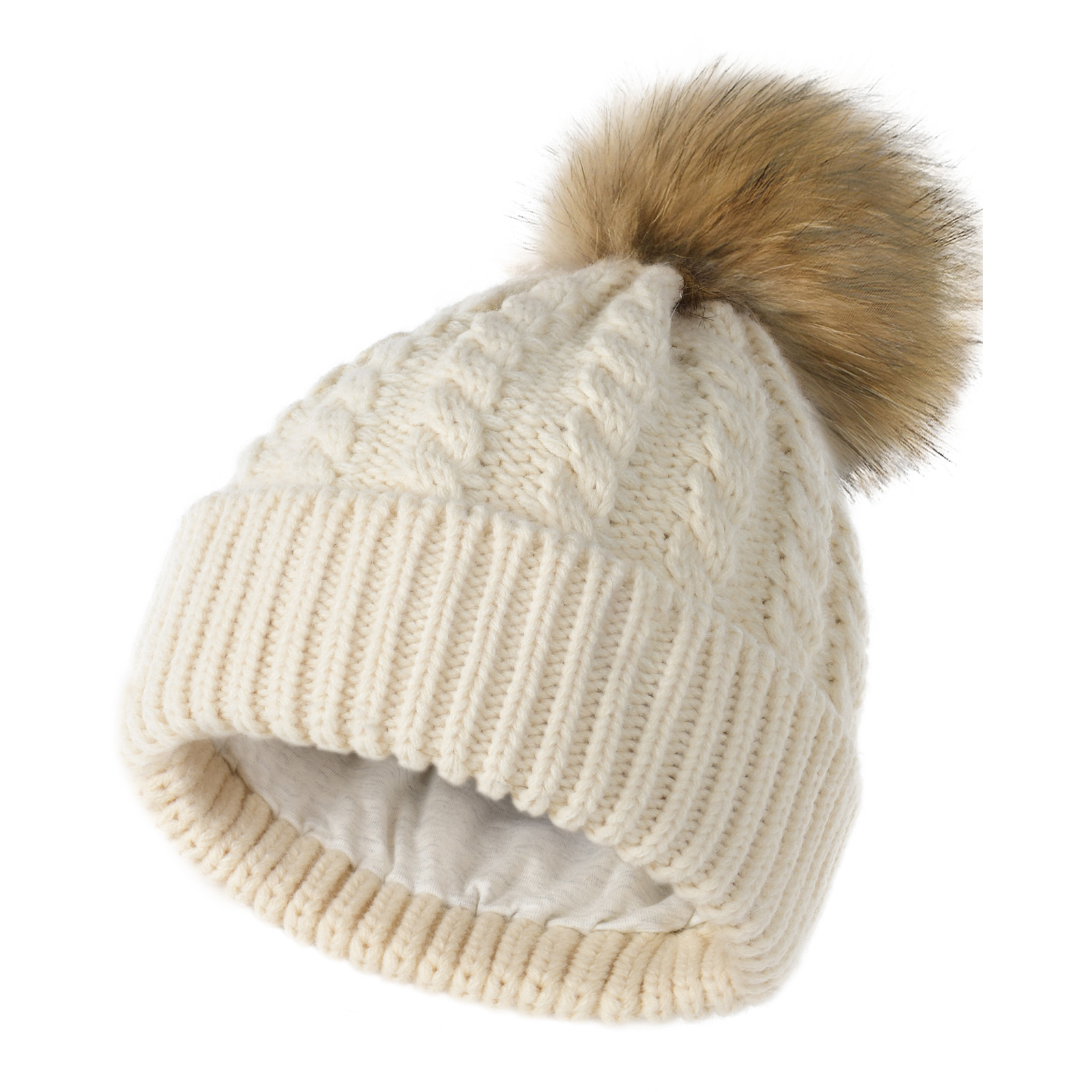 *Youth Size* Winter Beanie W/Raccoon Fur Pom-Pom - Extra Warm Lined Interior Long Knit Thick Ribbed Cuffed Soft Youth Beanie Hat - 5368