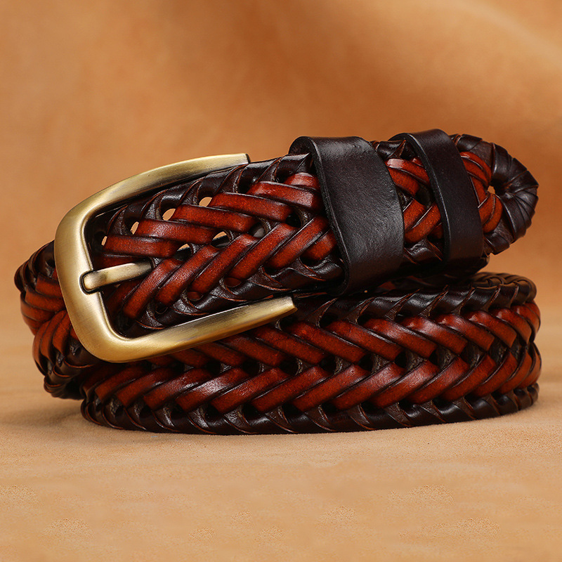 Vintage, Accessories, Dark Brown Oil Tanned Leather Belt Woven Braided  Split Leather Brass Buckle L