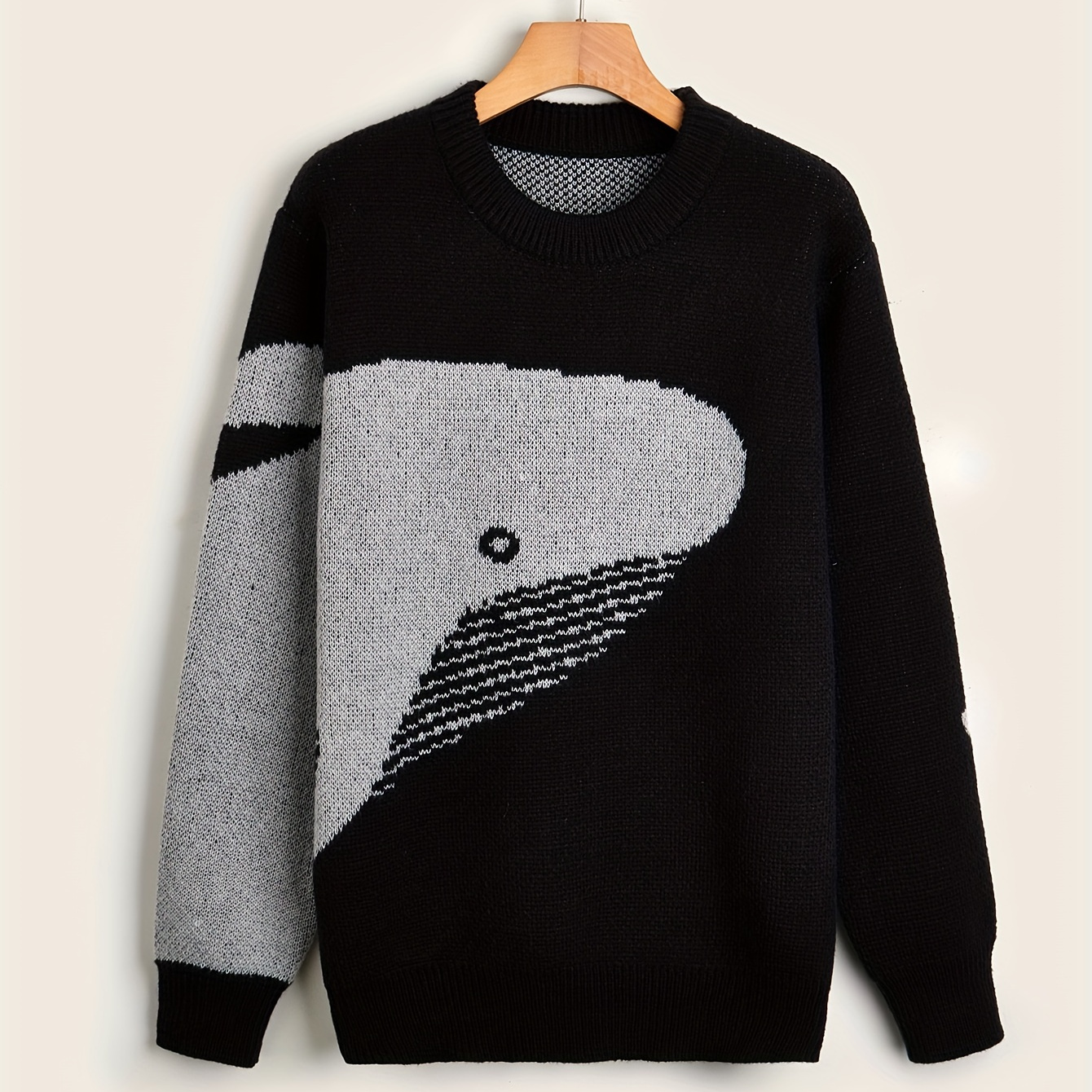 Cartoon Whale Print, Loose Fit Warm Sweater, Men's Casual Retro Style Slightly Stretch Crew Neck Pullover Sweater For Fall Winter