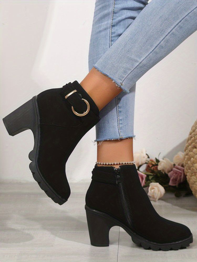 Womens Chunky Heeled Ankle Boots Buckle Strap Side Zipper Micro Suede  Booties Comfy All Match Heeled Short Boots Women's Shoes Temu Austria