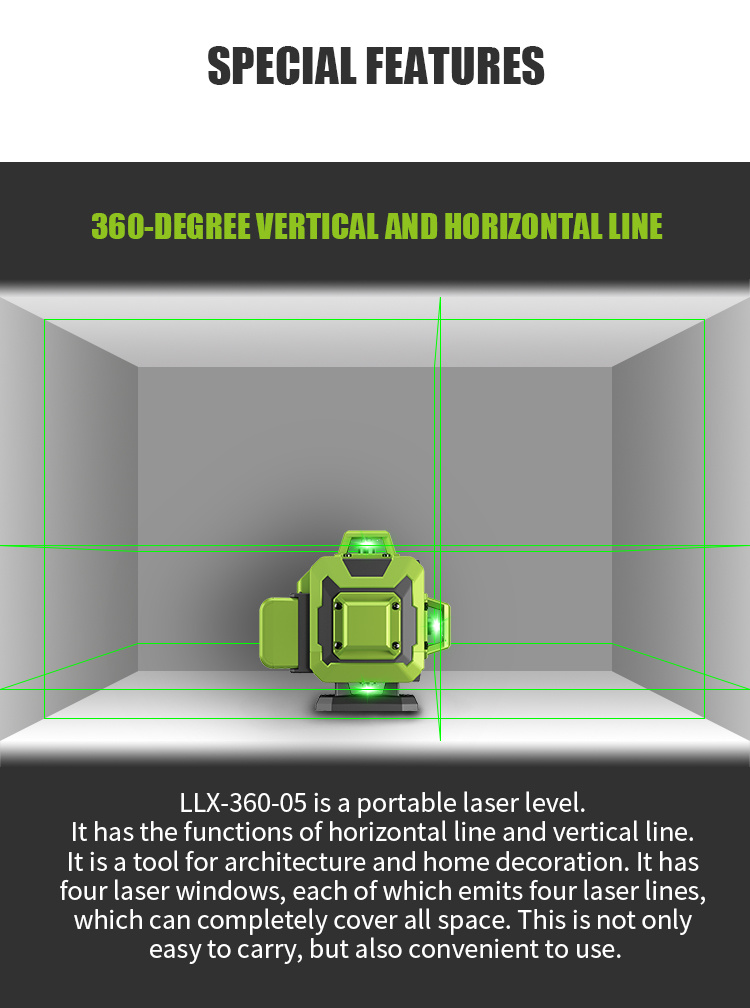 Niveau Laser 4 x 360°,4D 16 Lignes Laser Chantier Horizontal