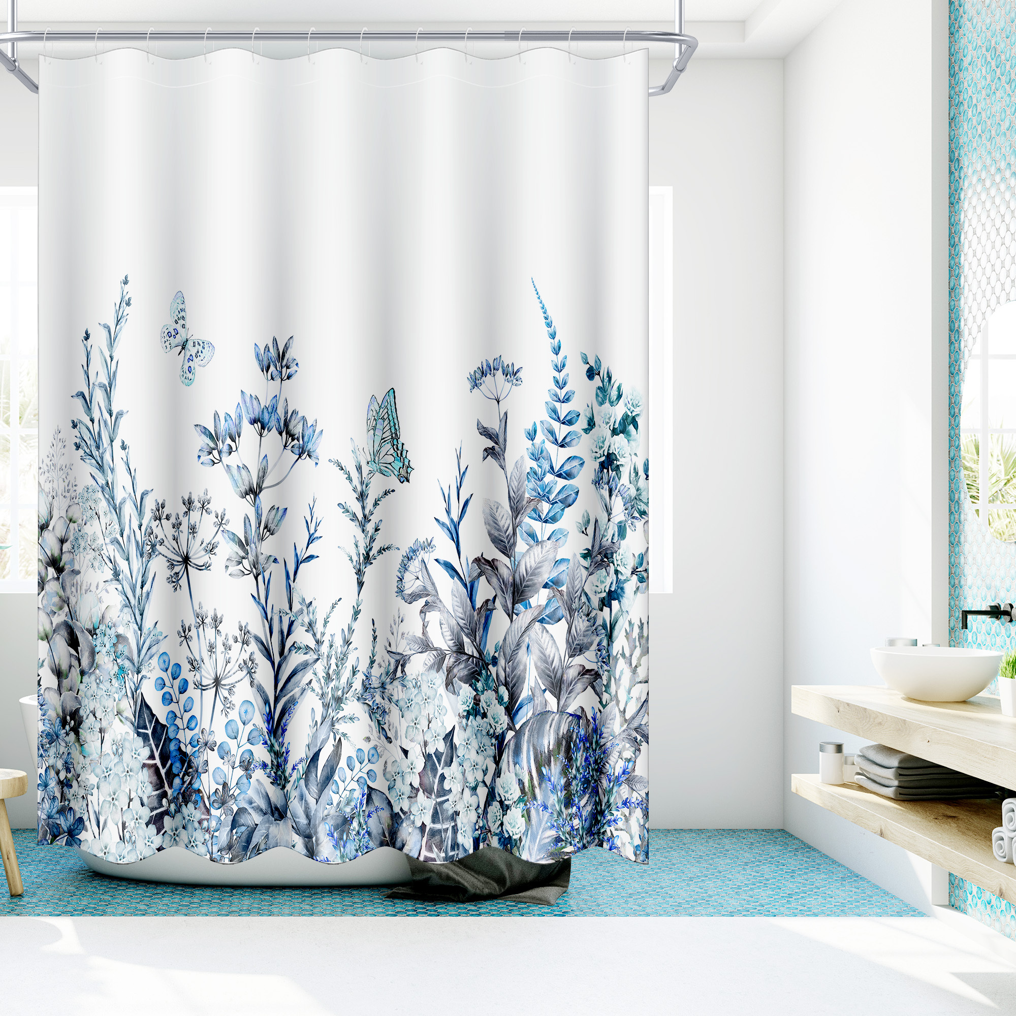 Colorful Floral Shower Curtain with 12 Hooks
