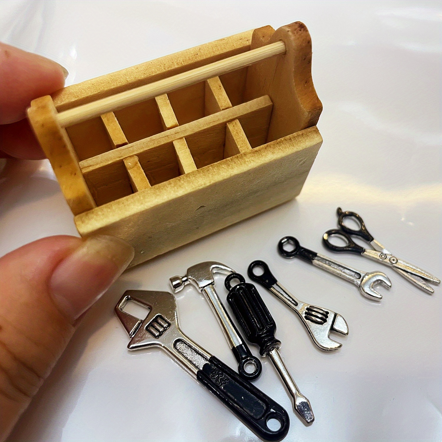 1/8pcs/set Mini Tools/Wooden Box Ornament, Miniature DIY House Accessories,  Toolbox Metal Alloy Repair Tool Set Model, Small Furniture Mini Crafts Sce