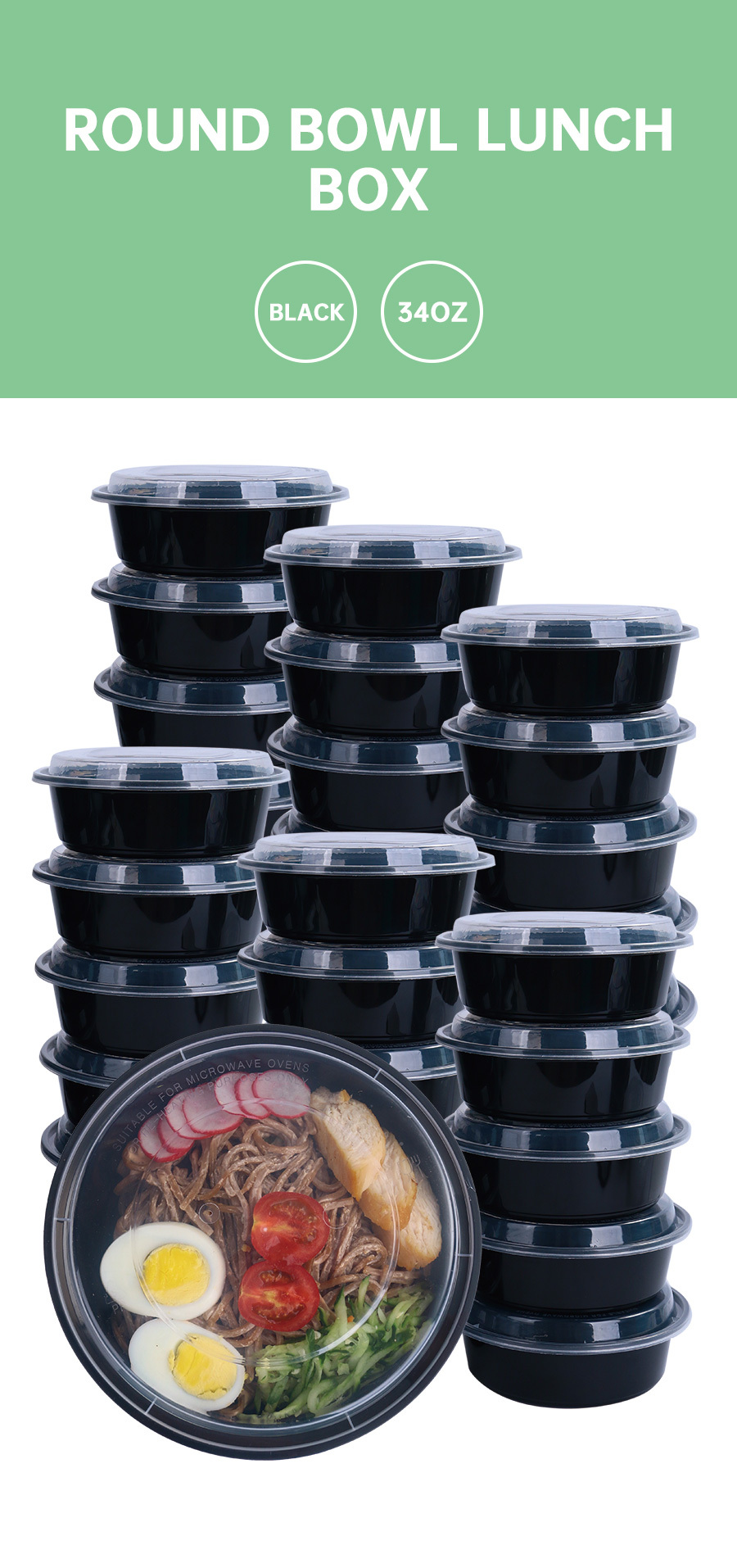 30 50pcs 34oz plastic black bowls with lids round food storage containers with covers bpa free stackable leakproof bento boxes microwaveable   containers kitchen gadgets kitchen accessories home kitchen items details 7