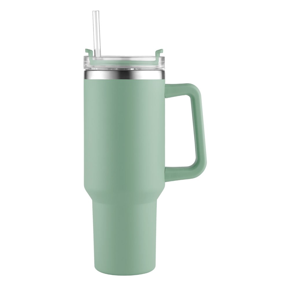 Stainless steel tumbler with Shale green handle and lid.