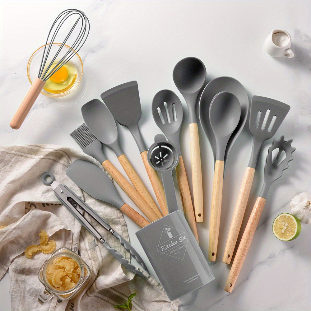 13pc White Silicone + Wooden Kitchen Utensils Set – EZ Home Ideas