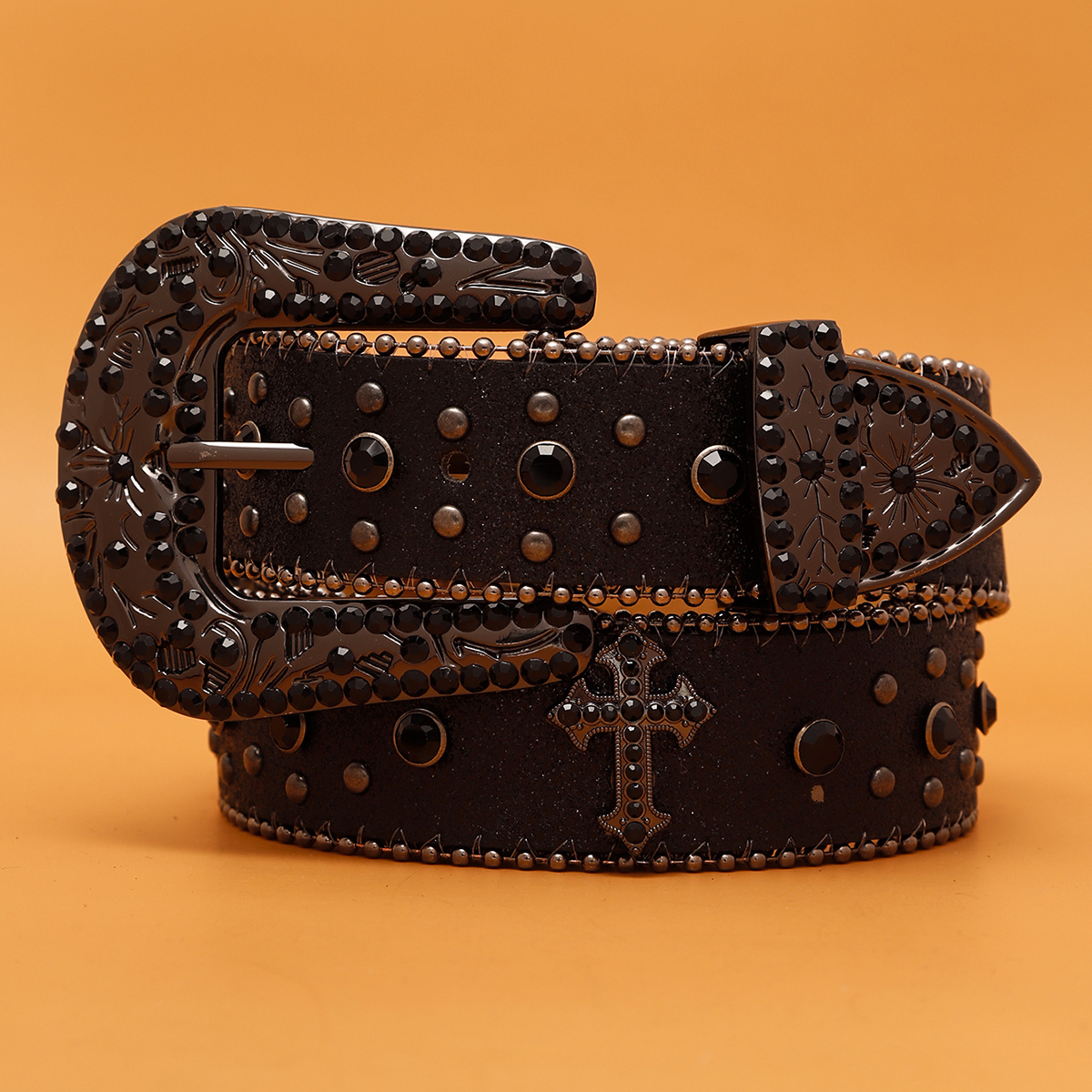 Cross Rivet Pu Leather Belt Western Carved Buckle Y2k Rhinestone