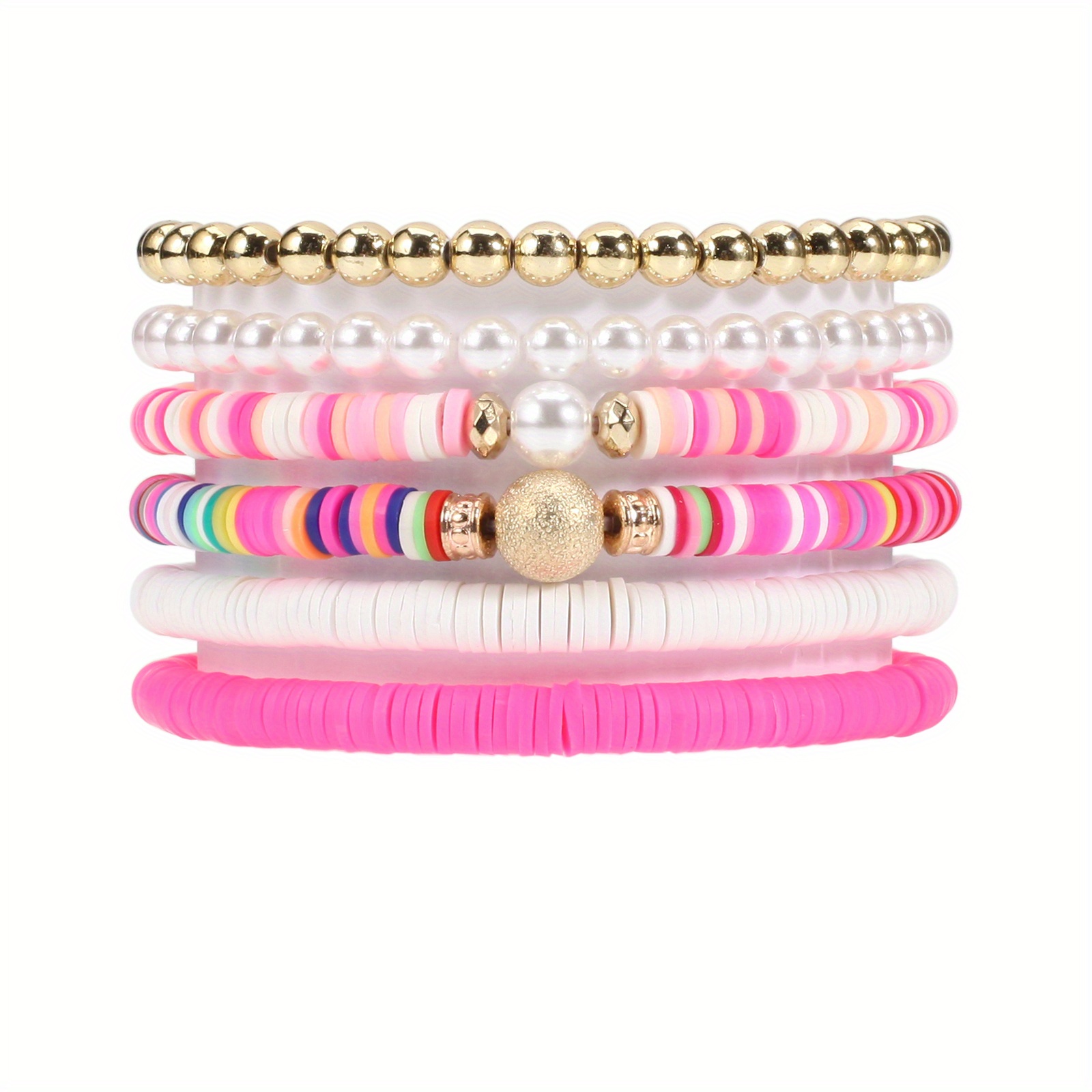 Clay Beads Bracelet 3 Piece hot Pink, Light Pink & White 