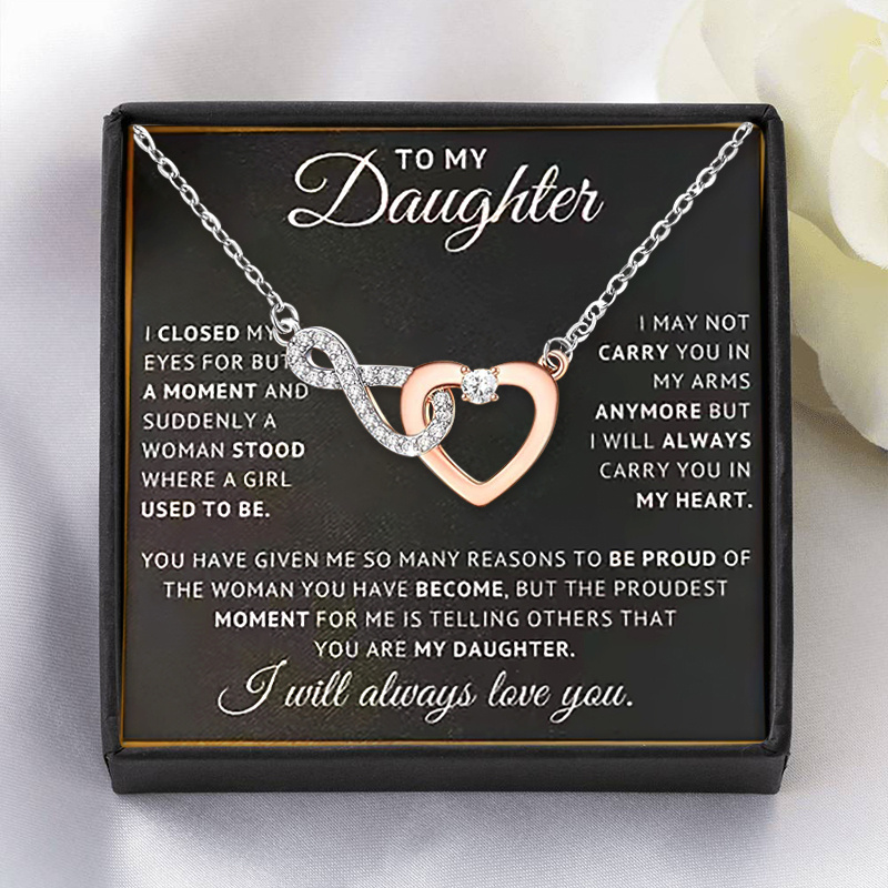 Image of 1pc To My Daughter Electroplated Heart Copper Synthetic Cubic Zirconiaia-inlaid Heart Necklace - With Text Gift Card And Gift Box Packaging