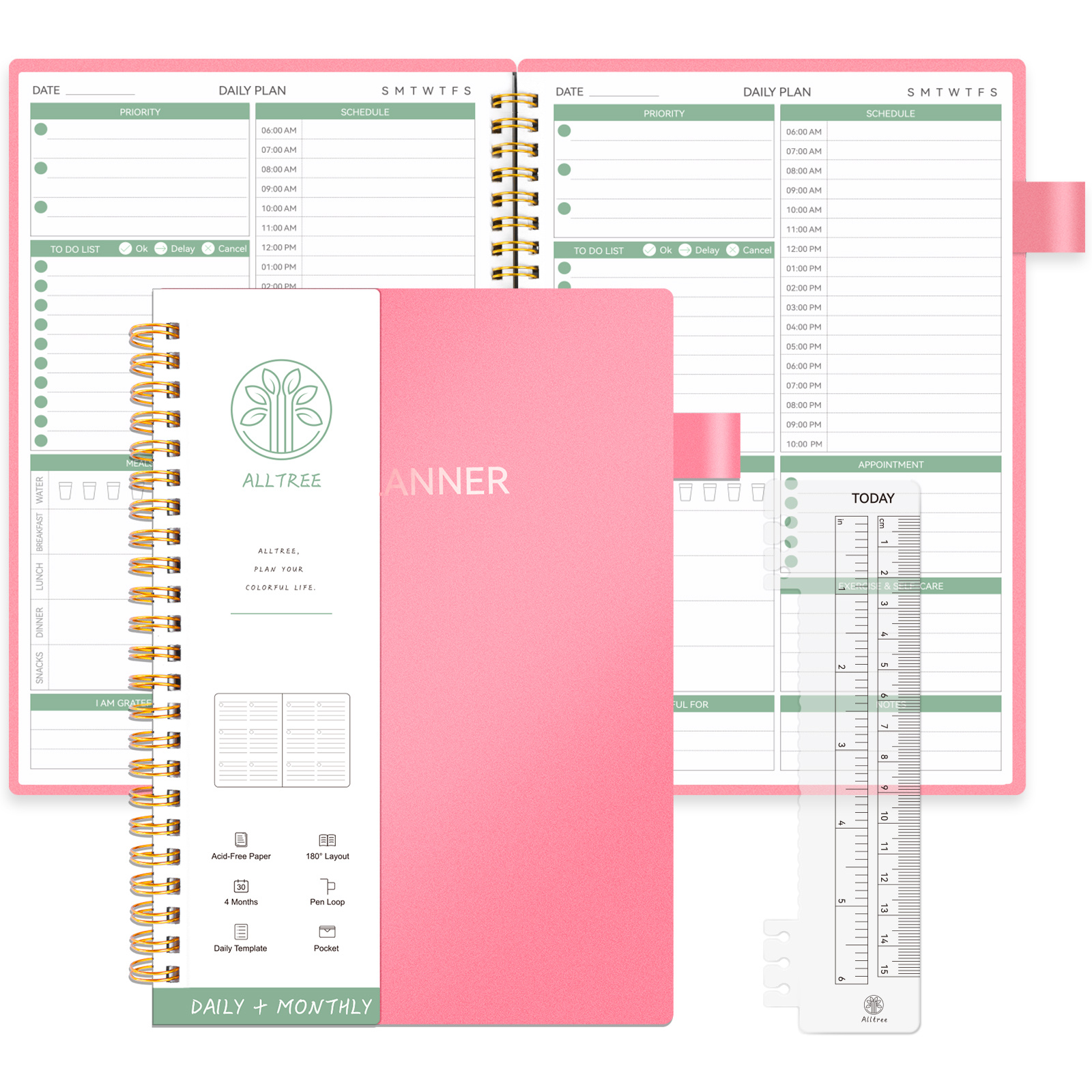 Planificateur journalier - Carnet de notes non daté avec planning horaire,  25,4 x 18,5 cm à spirale, organiseur de rendez-vous avec repas, notes