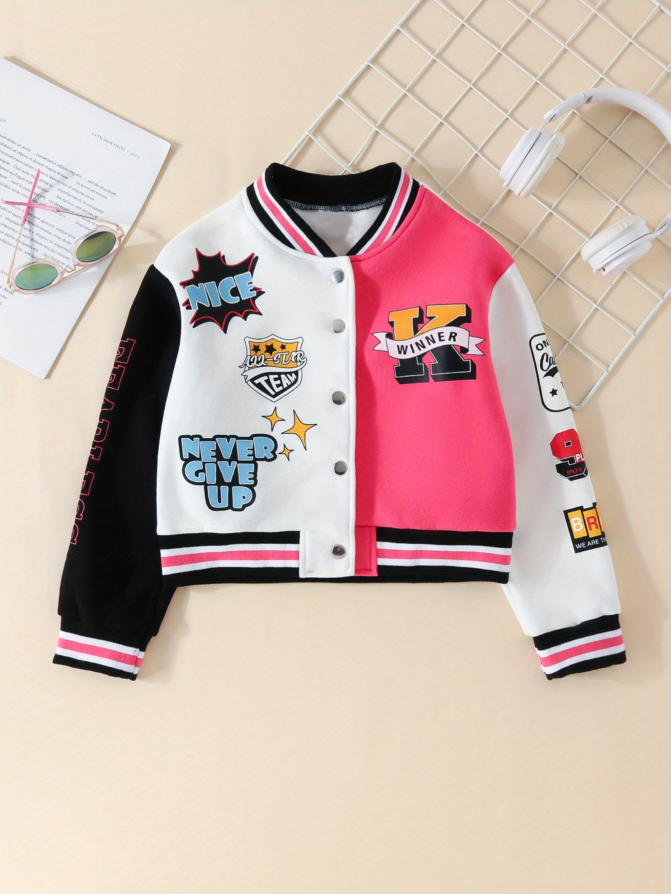 Girls Graffiti Print Baseball Jacket Color Block Y2k Varsity - Temu