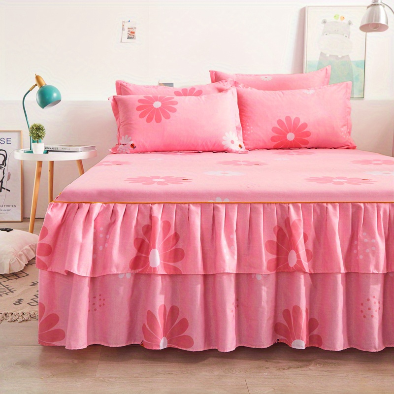 3pcs macrame bed skirt set flower printed   universal non slip bedding set bedroom   bedding bed skirt 1 pillowcase 2 without core details 3