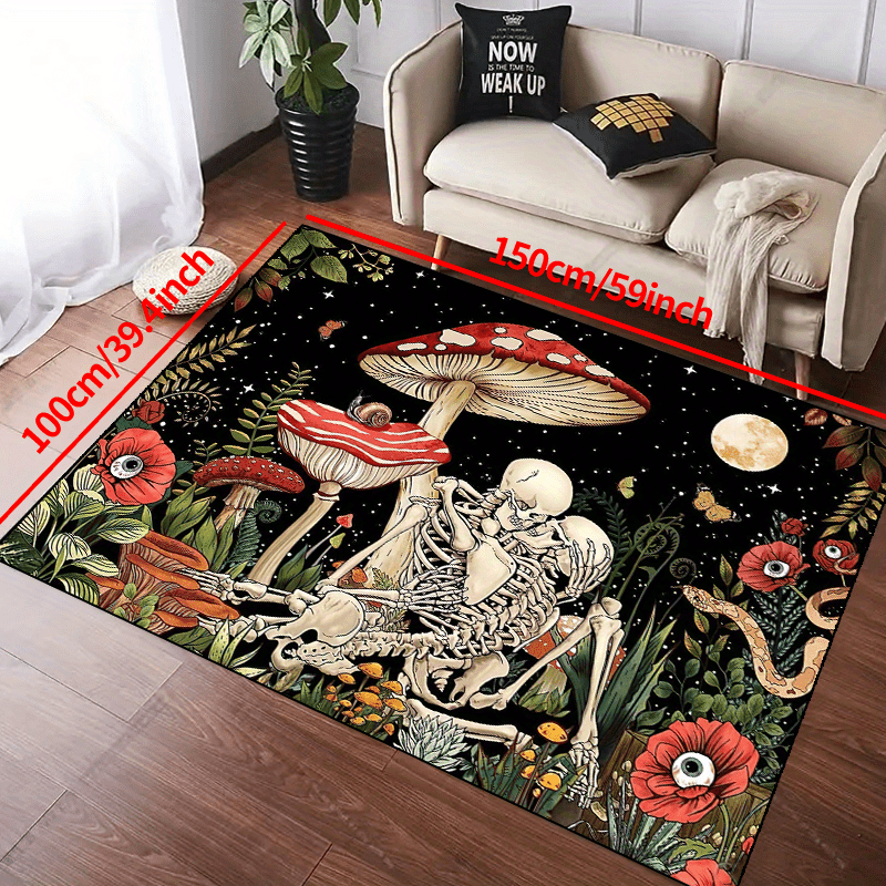 Fantasy Mushroom Print Area Rug Romantic Skull Non slip Halloween Resistant Rug