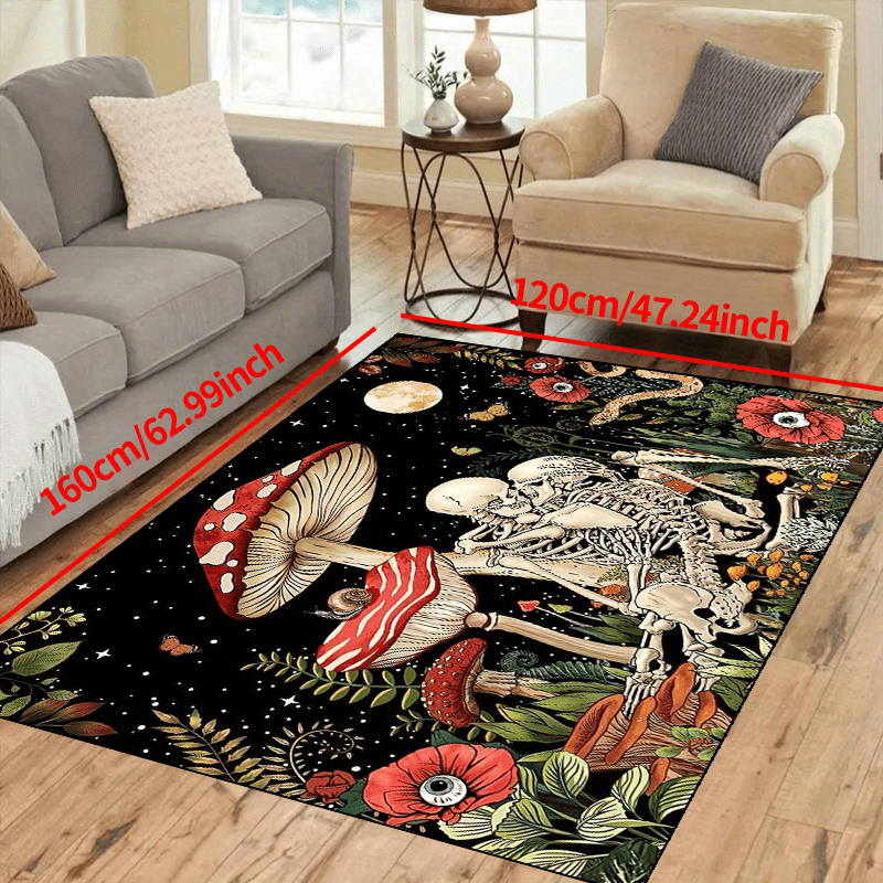 Fantasy Mushroom Print Area Rug Romantic Skull Non slip Halloween Resistant Rug