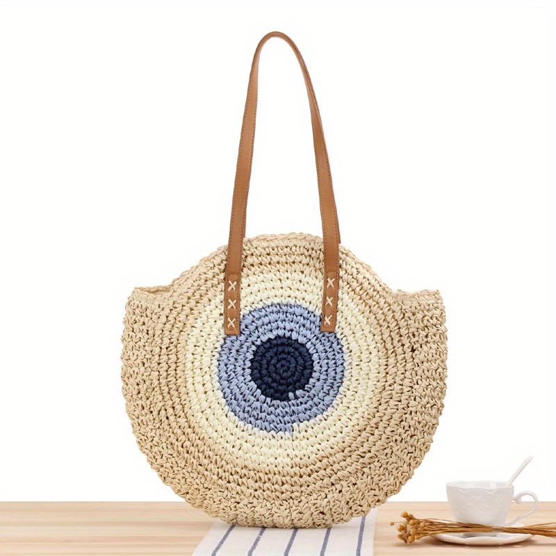 Round Straw Woven Tote Bag, Simple Summer Beach Bag, Hollow Out