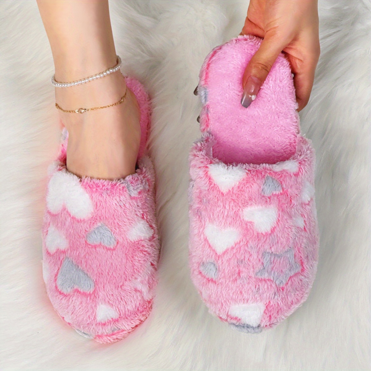 Image of Spring And Autumn Star Pattern Women's Fluffy Couple Indoor Floor Slippers, Women's Home Slippers, Women Shoes