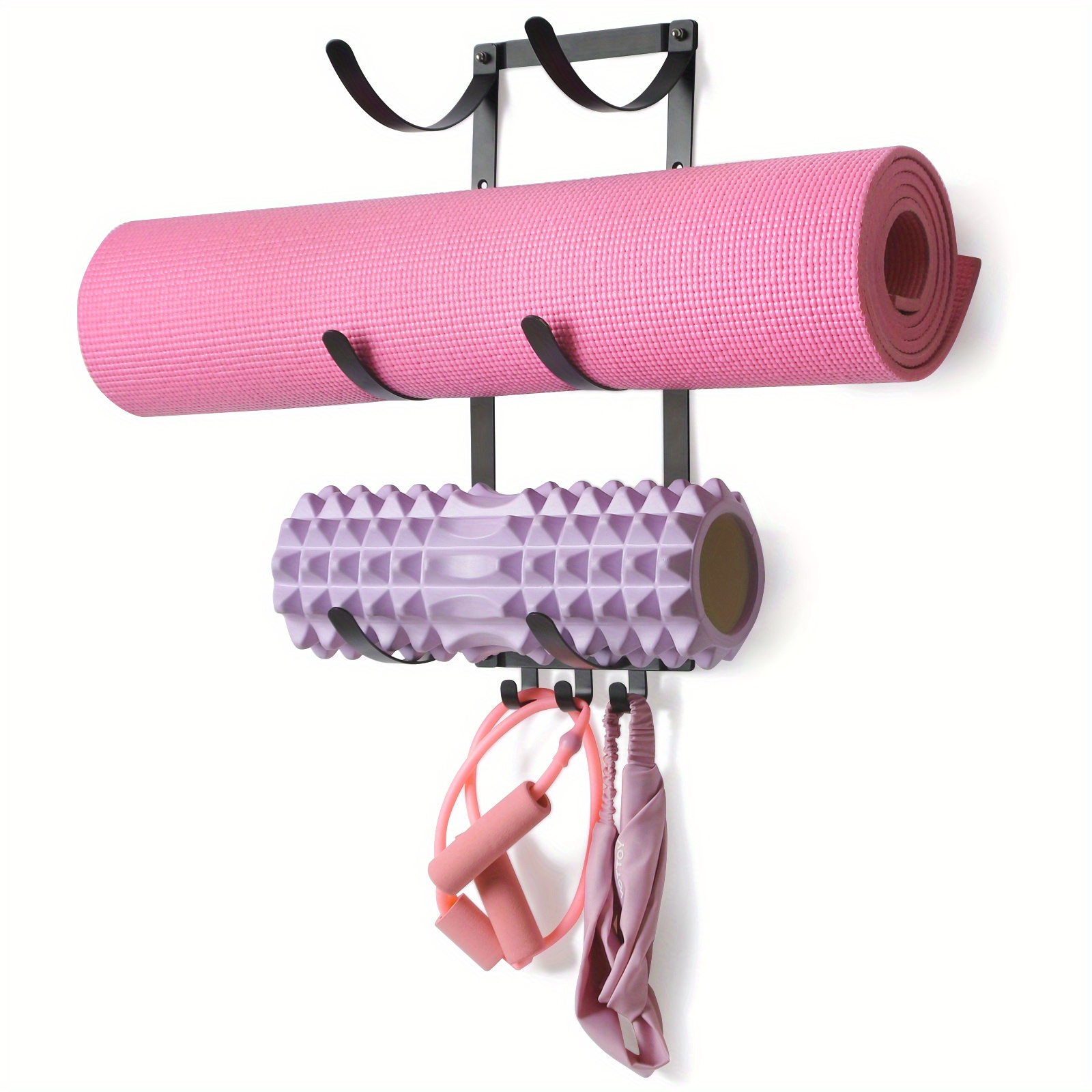 Wall Mount Yoga Mat Holder & Foam Roller Rack With Hooks for
