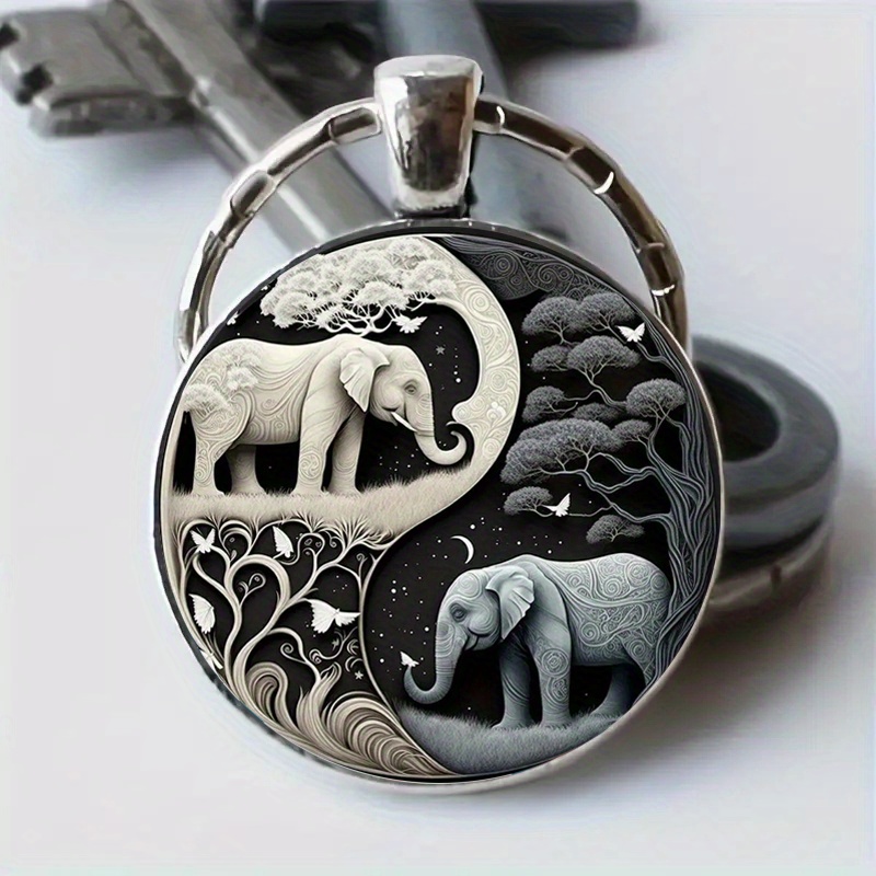 1 2pcs elephant tai chi charm pendant keychain necklace printed metal animal keyring perfect gift for men women keychain 6
