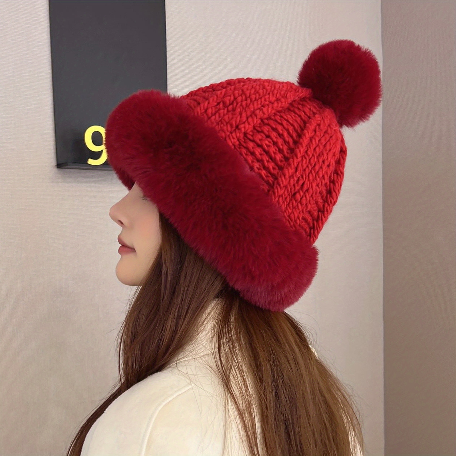 Women's Plush Knitted Hat Warm Woolen Hat Thick Ball Ear