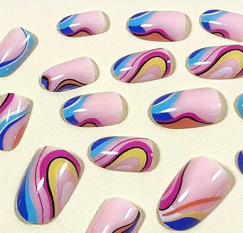 24pcs short roun head fake nails rainbow swirl press on nails with design glossy blue pink glue on nails full cover oval false nails for women girls daily wear details 1