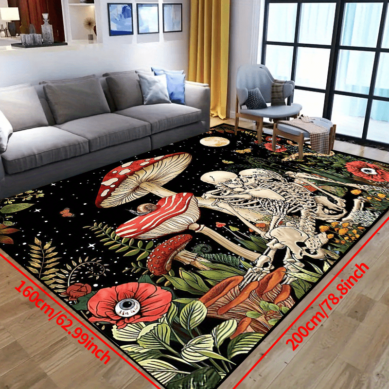 Fantasy Mushroom Print Area Rug Romantic Skull Non slip Halloween Resistant Rug