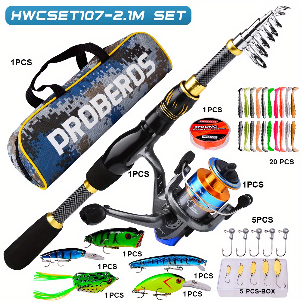 2.1m Telescopic Fishing Rod Spinning Pole Reel Combo Full Kit With Line &  Bag