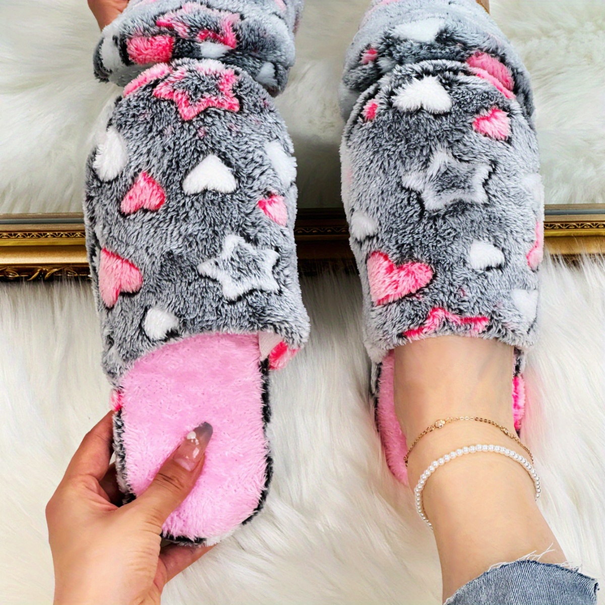Spring And Autumn Star Pattern Women's Fluffy Couple Indoor Floor Slippers, Women's Home Slippers, Women Shoes