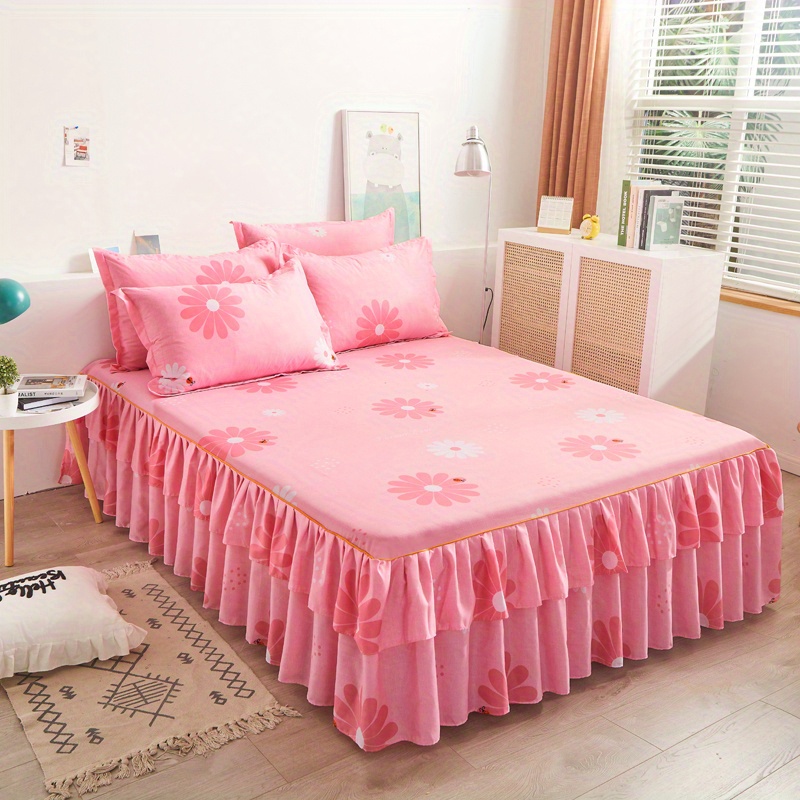 3pcs macrame bed skirt set flower printed   universal non slip bedding set bedroom   bedding bed skirt 1 pillowcase 2 without core details 1