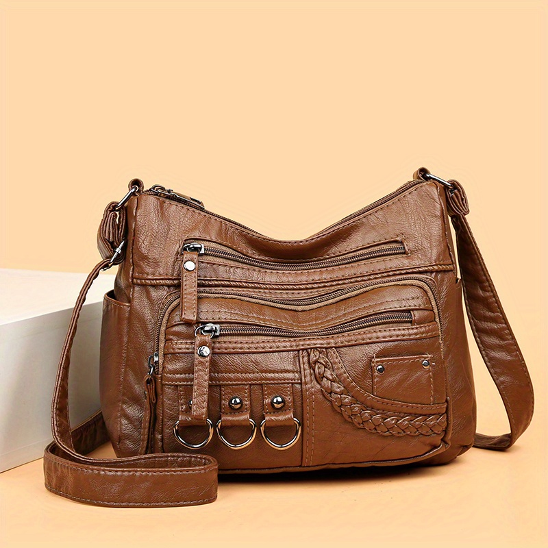 Solid Color Multi Zipper Bag, Vintage Soft Leather Shoulder Bag, Casual Crossbody  Purse For Work - Temu