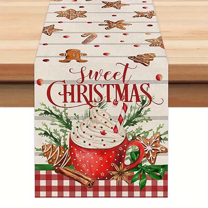 TEMU 1pc, Table Runner, Merry Christmas Table Runner, Gingerbread For Man Candy Pattern Table Cover, Christmas Table Runner, Holiday Desktop