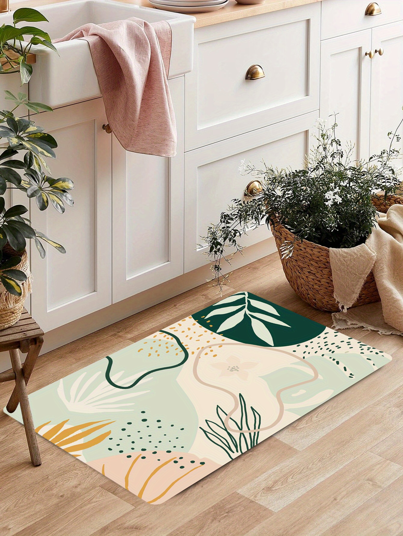 Nordic Style Leaves Kitchen Rug Cute Boho Bath Mat Minimalist