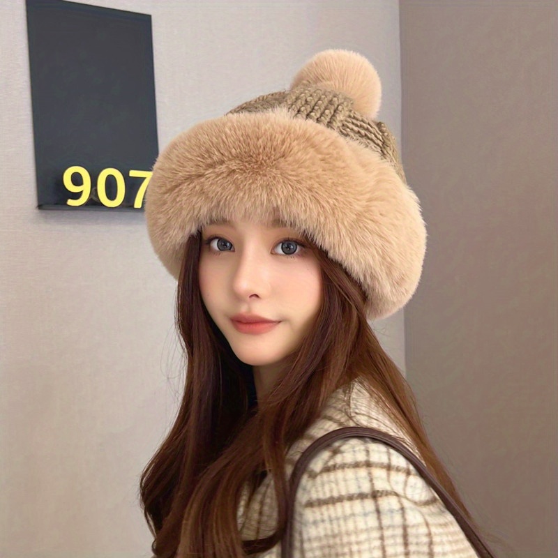 Women's Plush Knitted Hat Warm Woolen Hat Thick Ball Ear