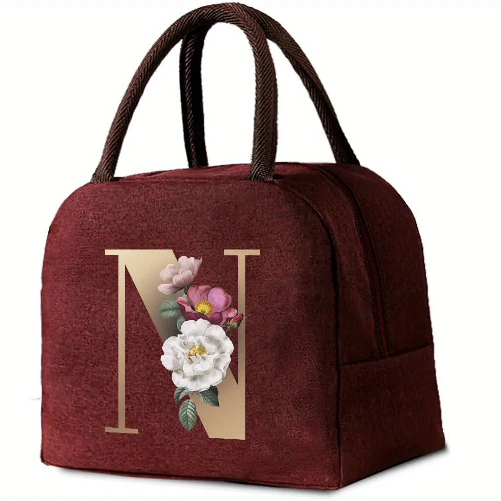 Portable Insulated Lunch Bag, Flower Letter Print Lunch Box