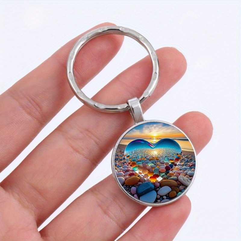 heart shaped pendant, 1 2pcs beach heart shaped pendant keychain necklace printed metal keyring perfect gift for men women details 2
