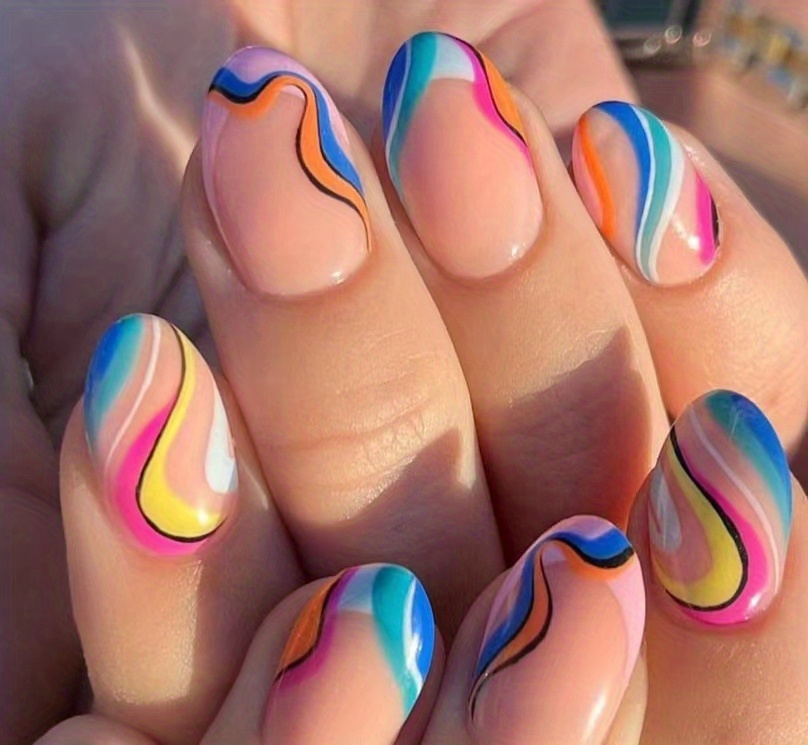 24pcs short roun head fake nails rainbow swirl press on nails with design glossy blue pink glue on nails full cover oval false nails for women girls daily wear details 0