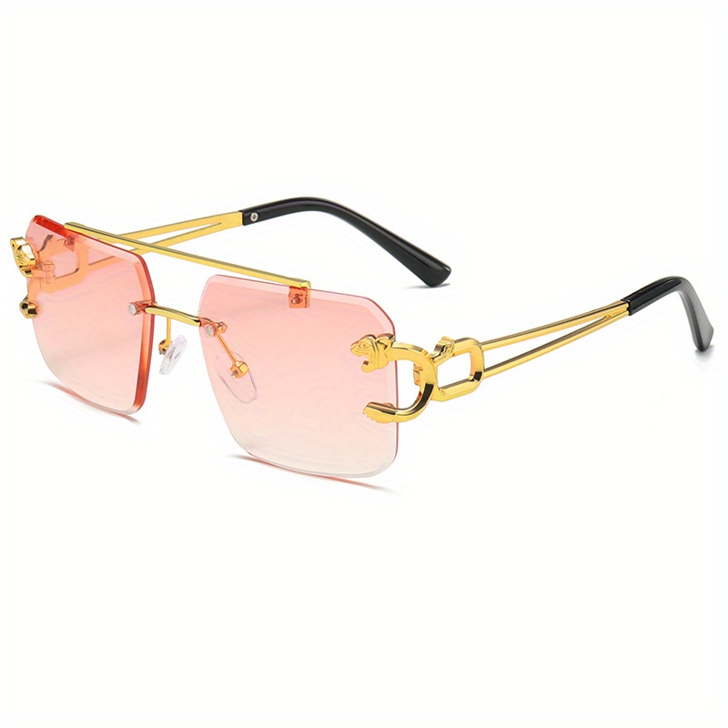 Creative Tiger Head Metal Temples Rimless Square Sunglasses For