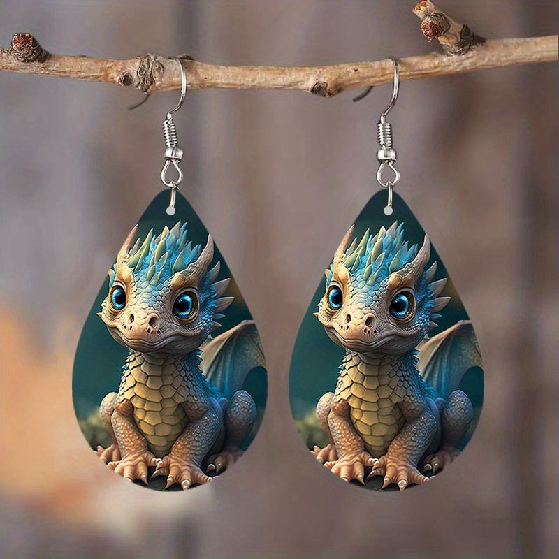 Cute Cartoon Dragon Wooden Waterdrop Earrings Animal Print - Temu