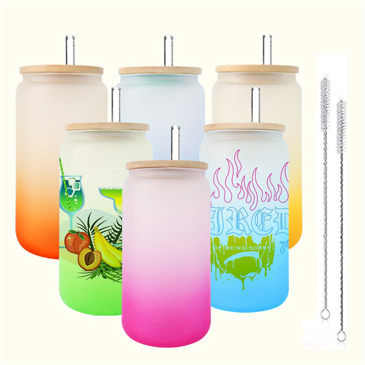 6pcs Sublimation Glass Tumblers With Bamboo Lid And Straw 16oz Gradient  Color Can Shaped Glasses With